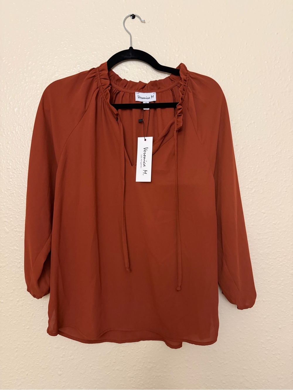 NWT Veronica M Terracotta Tie-Neck Peasant Blouse